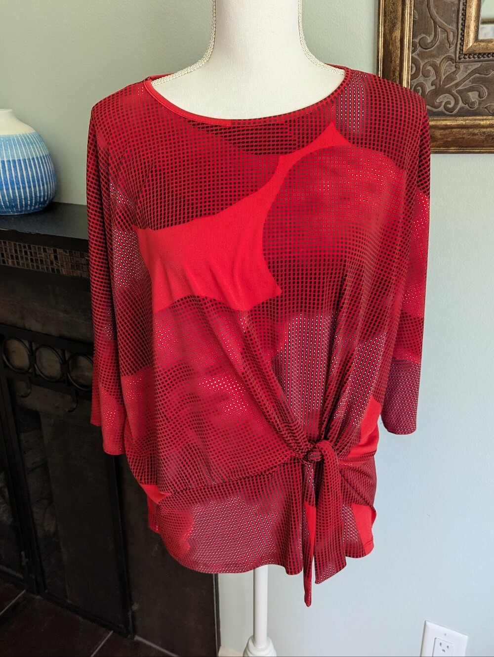 Clara Sun Woo Women's XL Dolman Sleeve Top Red Side Tie Front Abstract Print